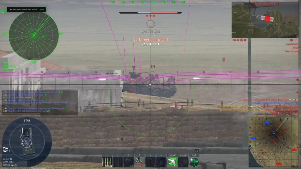 Gunner view with pink ESP trajectory lines, a green radar overlay, and distance markers on a wheeled vehicle behind a stone wall.