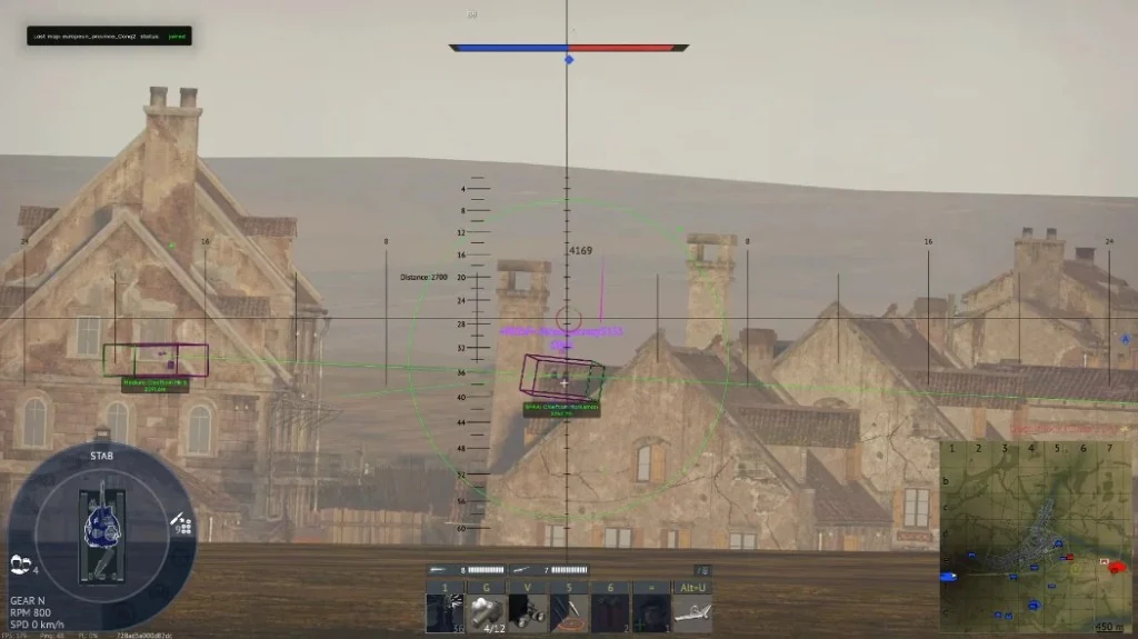 Gunner scope view with purple vehicle ESP boxes on enemy tanks through buildings and green distance labels.